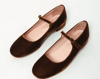 Brown velvet Mary Jane low heels flats, ballet flats shoes