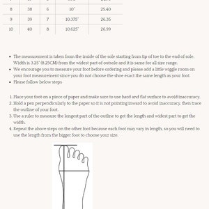 May include: A chart showing US, Euro, and UK shoe sizes with corresponding foot lengths in inches and centimeters. The chart includes sizes 6 through 10. The chart also includes a diagram showing how to measure your foot for the correct shoe size.