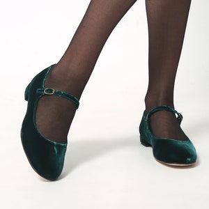 Green velvet Mary Jane low heels flats, ballet flats shoes image 7