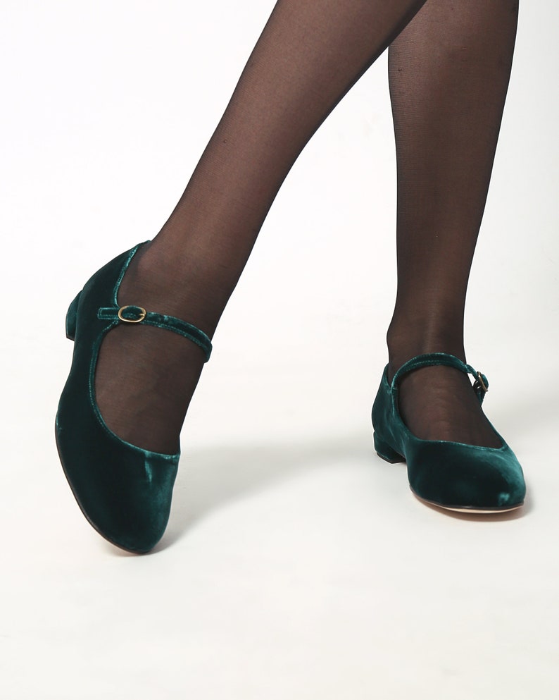 Green velvet Mary Jane low heels flats, ballet flats shoes image 7