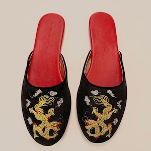 Embroidered dragon velvet mules women velvet slippers, luxury slippers, wedding slippers, bridal shower gifts, wedding flats image 1