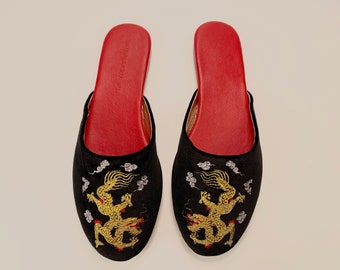 Embroidered dragon velvet mules - women velvet slippers, luxury slippers, wedding slippers, bridal shower gifts, wedding flats