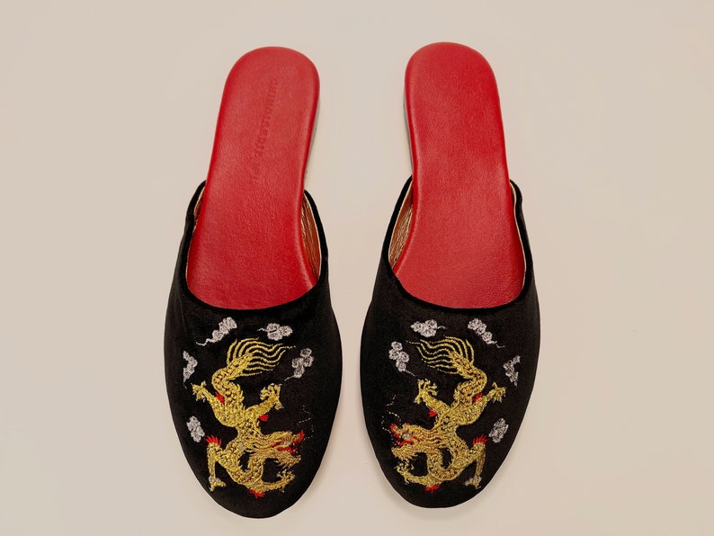 Embroidered dragon velvet mules women velvet slippers, luxury slippers, wedding slippers, bridal shower gifts, wedding flats image 1