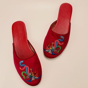 Embroidered phoenix velvet mules - women velvet slippers, luxury slippers, wedding slippers, wedding gifts, bridal gifts, wedding flats