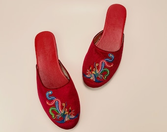 Embroidered Phoenix Velvet Mules in Red Wine - Women's Luxury Slippers