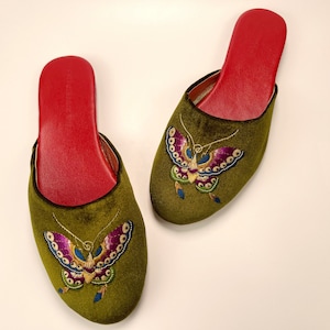 Embroidered butterfly velvet mules - women velvet slippers, luxury slippers, wedding slippers, bridal shower gifts, wedding flats