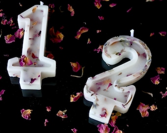 White Beeswax Number Candles with Dried Rose Petals
