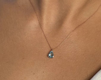 Collar de plata de piedra de nacimiento gota - Collar delicado de circón - Collar de circón azul - Collar de plata delicado - Regalo del Día de las Madres