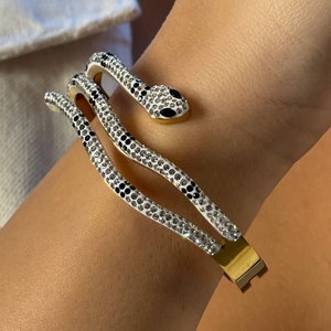 Chunky Snake Bracelet, Gold Plated Snake Bangle, Snake Jewelry, White & Black Zircon Stone Bracelet, Serpent Snake Bracelet, Snake Bracelet