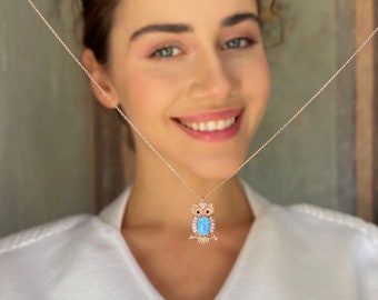 Eule Weisheit Halskette - Blauer Opal Eule Anhänger - Wächter Anhänger - Minimalistischer Sterling Silber Schmuck - Geschenk für Tierliebhaber