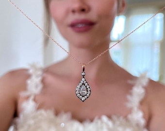 Pear Cut Halo Necklace - Sterling Silver Zircon Tear Drop Wedding Jewelry - Drop Pendant With Cubic Cut Gemstones - Handmade Jewelry