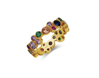 Fancy Rainbow Ring - Multicolor Zirconia Ring - Colorful CZ Crystal Ring - Gold Plated Jewelry - Dazzling Statement Ring