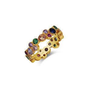 Fancy Rainbow Ring - Multicolor Zirconia Ring - Colorful CZ Crystal Ring - Gold Plated Jewelry - Dazzling Statement Ring