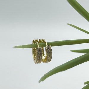 Petite Huggie Hoop Earrings - Pair of Minimalist Two-Way Huggie Hoop Earrings - Baguette Earrings - Twin Row Pave Cz Huggie Earrings