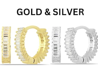 Winzige Baguette Hoop Ohrringe - Silber/Gold Baguette Ohrringe - Baguette Huggies - Tiny Huggies - Pave Ohrringe - Minimalist Creolen