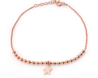 Star Bead Charm Anklet Bracelet , Sterling Silver Wheat Chain, Beaded Star Anklet, Rose Gold Adjustable Star Anklet, Boho Jewelry