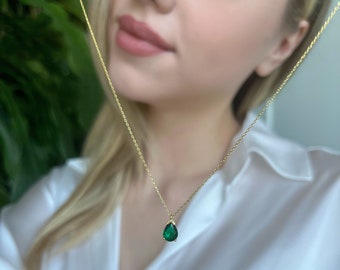 Catherine Teardrop Gold Color Chain - Delicate Emerald Birthstone - Gold/Rose/Silver Chain - All Color Birthstone - Mothers Day Necklace