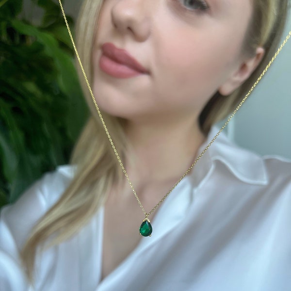 Catherine Teardrop Gold Color Chain - Delicate Emerald Birthstone - Gold/Rose/Silver Chain - All Color Birthstone - Mothers Day Necklace