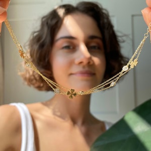 Gold Color 3 Layer Chain Bracelet - Multi-row Shamrock & CZ Bezel Bracelet - 3 Layer Four Leaf Clover Bracelet with Round Zirconia