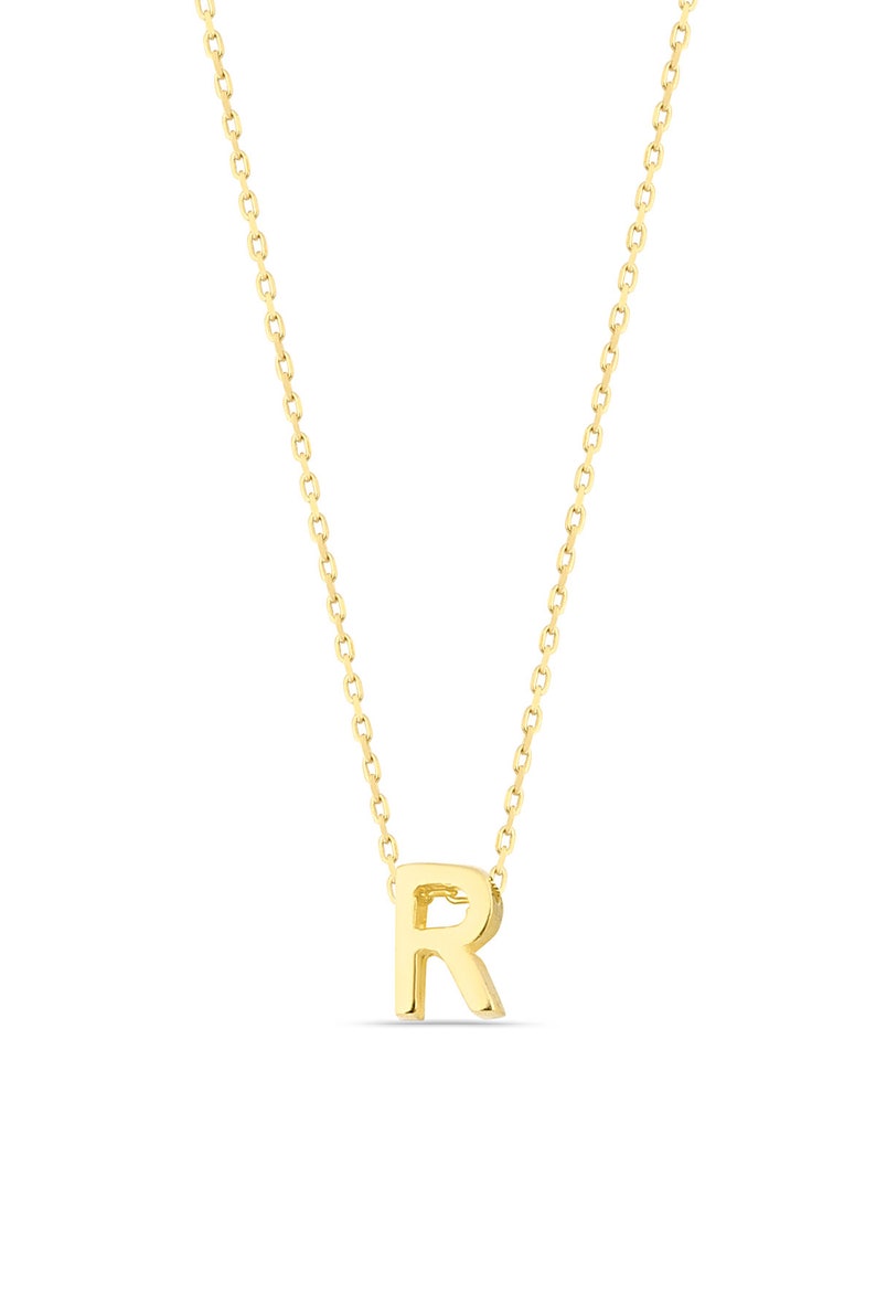 May include: A gold chain necklace with a gold letter R pendant.