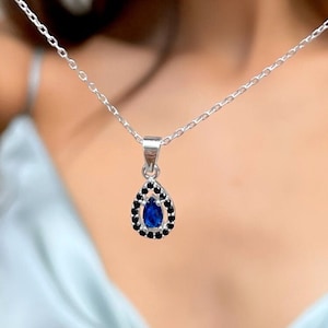 Sapphire Teardrop Necklace Zirconia Frame -CZ Emerald Teardrop Pendant for Women -Dainty Sterling Silver Sapphire/Emerald/Crystal Variations
