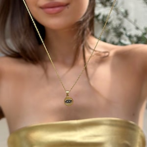 Round Evil Eye Necklace - Gold Color Evil Eye Protection Pendant - Navy Gemstone - Minimalist 925 Sterling Silver Jewelry - Spiritual Gift