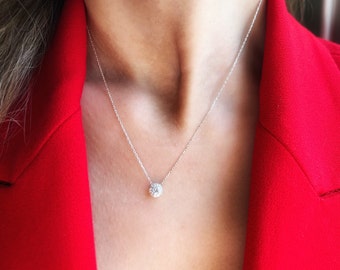 Dainty Sterling Silver Drop Necklace Created with Zirconia  | Sterling Silver Small Round Pendant Necklace | White Drop  Zirconia Pendant