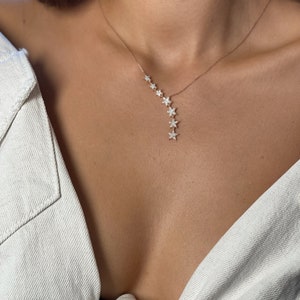 Sterling Silver Dainty Star Lariat Necklace - Asymmetric Y Shape Drop Star Pendant - Zircon Gemstones - Pave Necklace - Christmas Gift