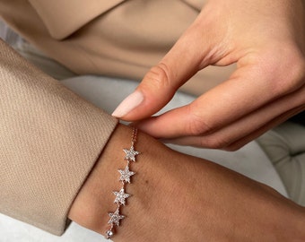 Bracelet chaîne étoile - Bracelet céleste de pierres précieuses de zircon - Bijoux en plaqué or rose - Bijoux en argent sterling pour femme