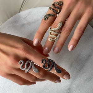 Glamorous Snake Ring - Gold and Silver Pave Snake Statement Ring - CZ Adjustable Snake Ring - Twisted Snake Ring - Serpent Design Jewelry