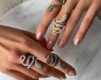 Glamorous Snake Ring - Gold and Silver Pave Snake Statement Ring - CZ Adjustable Snake Ring - Twisted Snake Ring - Serpent Design Jewelry