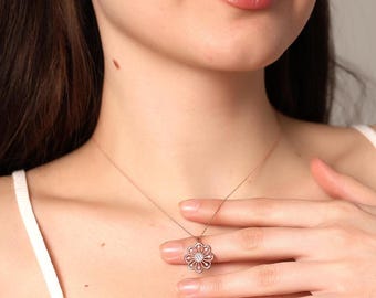 Floral Blossom Charm Necklace , Elegant Flower Pendant  , Minimalist Rose Gold Daisy Necklace , Handmade Sterling Silver Jewelry