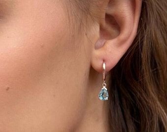 Blue Zircon Drop Birthstone Earrings - Aquamarine/Emerald/Garnet/Sapphire Dangle Earrings - Dainty Silver Hoops - Summer Jewelry