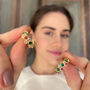 Fancy Rainbow Hoop Earrings - Multicolor Zirconia Round Cut Earrings - Colorful CZ Crystal Earrings - Gold Plated Sterling Silver Jewelry