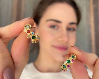 Fancy Rainbow Hoop Earrings - Multicolor Zirconia Round Cut Earrings - Colorful CZ Crystal Earrings - Gold Plated Sterling Silver Jewelry