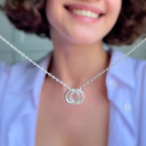 Sterling Silver Double Ring Necklace -Togetherness Eternal Ring Necklace - CZ Double Circle Linked Necklace - Christmas Gift