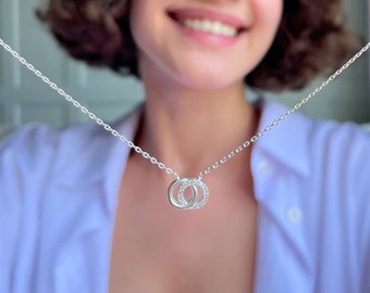 Sterling Silver Double Ring Necklace -Togetherness Eternal Ring Necklace - CZ Double Circle Linked Necklace - Mothers Day Gift