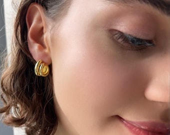 Chunky Hoop Earrings - Sterling Silver Double Hoop Earrings - Minimalist Duo Hoops - Womens Jewelry - Silver / Gold Earrings