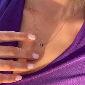 Tiny Four Leaf Clover Necklace - Clover Pendant with Black Gemstone - Rose Gold Color Necklace - Delicate 925 Sterling Silver Jewelry