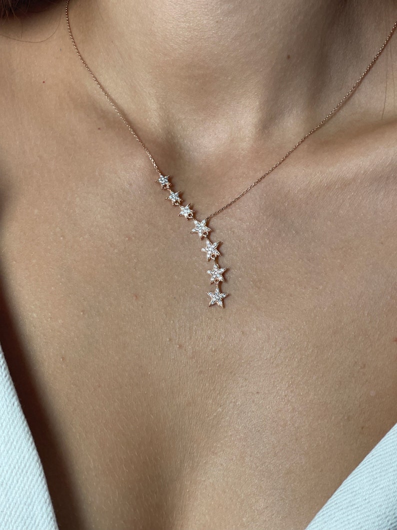 Star Lariat Necklace Asymmetric Y Shape Drop Star Pendant Zircon Gemstones Silver / Gold / Rose Gold Options image 3