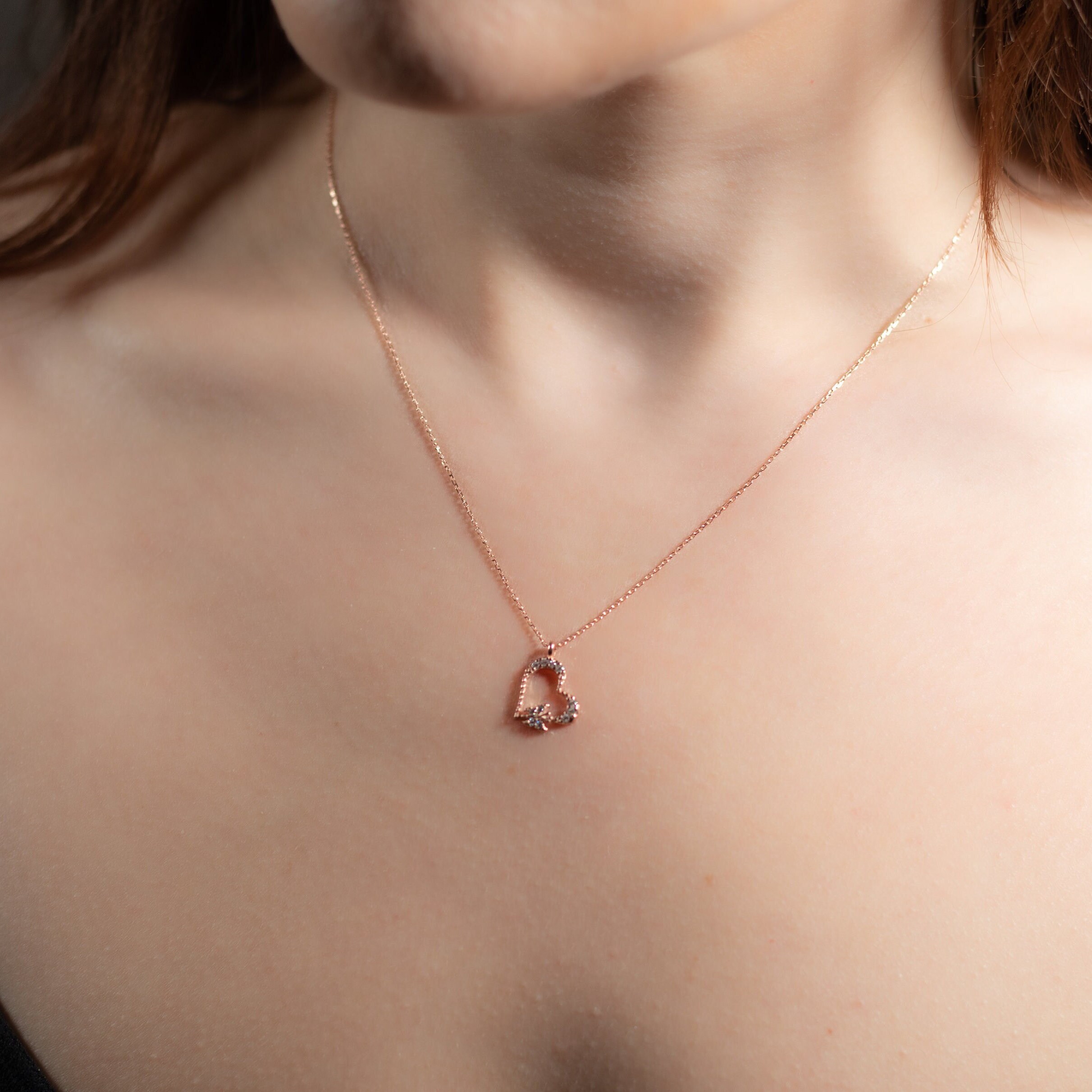 Alsanix Heart Shaped Butterfly Rose Pendant Necklace 925 Sterling Silver, Ladies Heart Necklace 14k Gold Plated, Birthday Jewelry Gift(rose gold) in Dubai - UAE | Pendant Necklaces