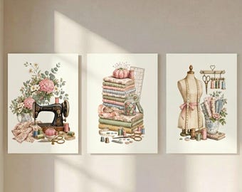 May include: Three vertical wall art prints featuring sewing themes. The first shows a vintage sewing machine with flowers and thread. The second displays a stack of folded fabrics, a pincushion, and buttons. The third depicts a dress form.