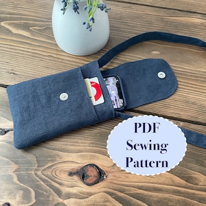 Padrão de costura de bolsa para celular crossbody, tutorial de costura em PDF para bolsa para celular, download instantâneo
