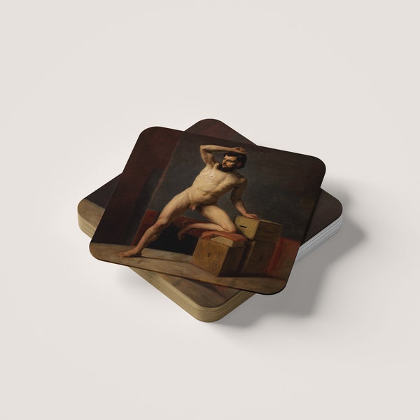 Square Coasters - Gloss finish/Cork back- 9.6cm/3.9" - Single/Set of 2, 4, or 6. Design: Male Nude by Gustav Klimt