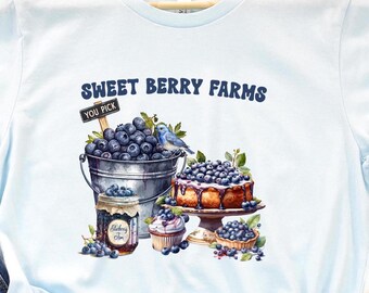 Ready to Press Sweet Berry Farms DTF Print Transfer, Heat Transfer for T-Shirts, Spring Flowers, Full Color, Berry Market, Blue Berry