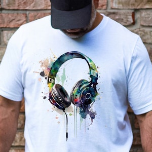 Ready to Press Headphones 24, DTF Print Transfer, Heat Transfer for T-Shirts, Watercolor, Headphones, Music, Watercolor Headphones, Men