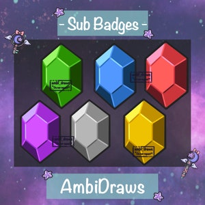 May include: Six colorful, geometric, gem-shaped badges with the text "Sub Badges" and "AmbiDraws" on a purple and black galaxy background.