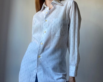 White & Blue Vintage Dagger Collar Shirt Size XS, Retro, Work, Casual, Autumn Winter Fashion, Minimalism