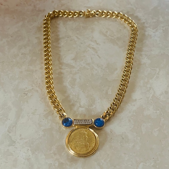 BEN AMUN Glass Cabochon Coin Medallion Gold Vintage Necklace
