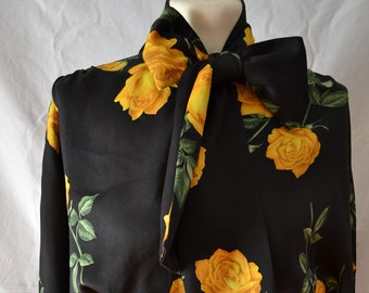 Vintage Norma Kamali Black Blouse with Yellow Roses, Batwing Sleeves top, 80s Blouse, Black Floral Blouse